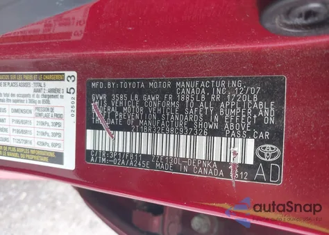 2008 Toyota Corolla Le из США, поврежденный, VIN 2T1BR32E98C937326